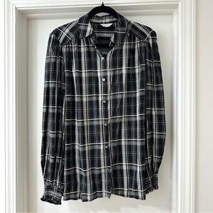 Max Studio Black & White Plaid Button Down Shirt with Ruffle Sleeves, Size Small